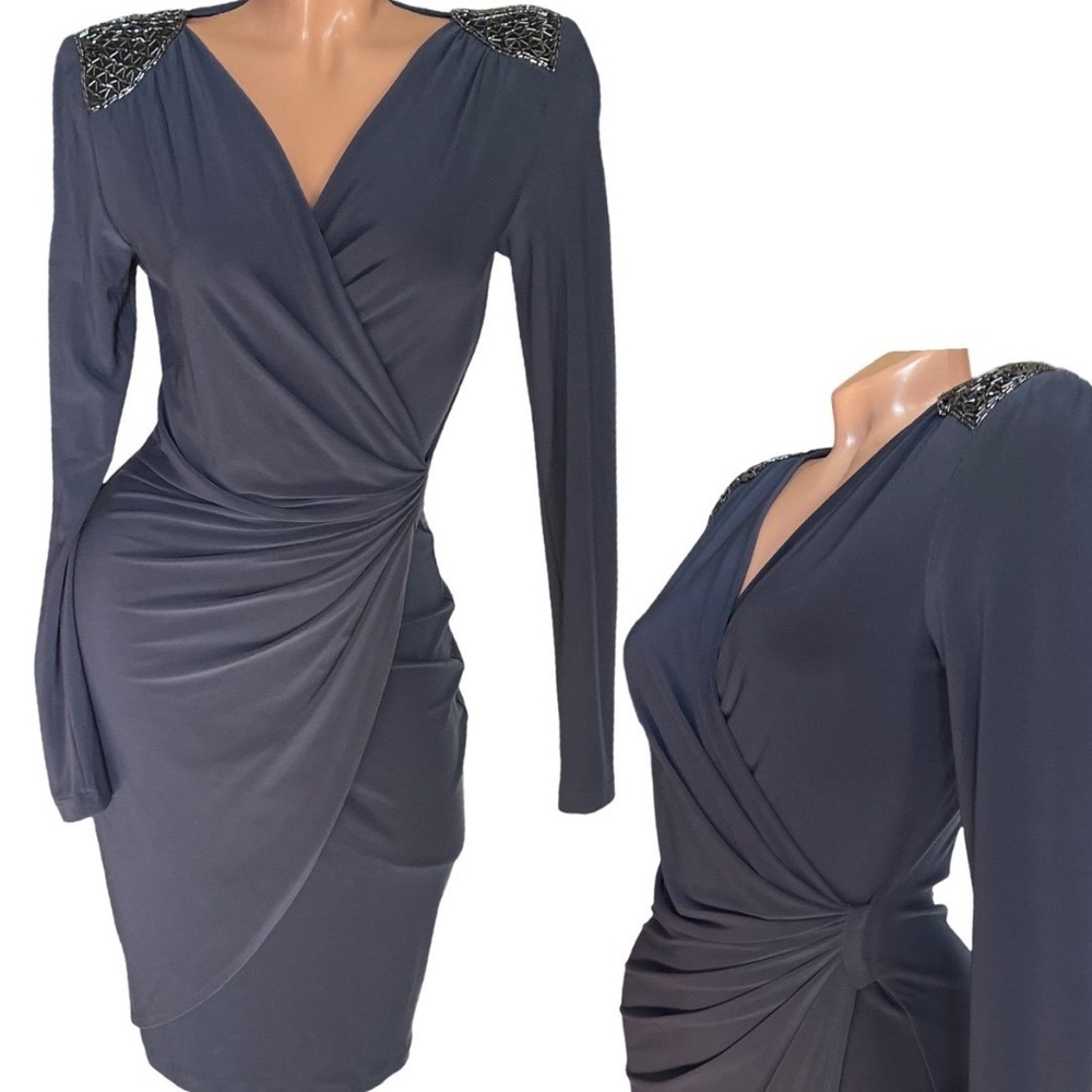 Cache Vintage Gray Beaded Shoulder Long Sleeve Faux Wrap Cocktail Dress S NWT